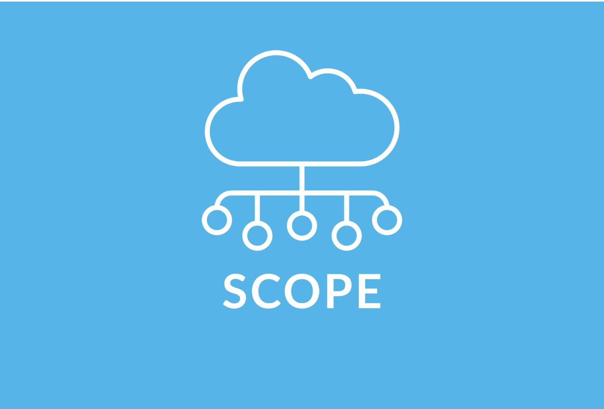 Blue rectangle with the word Scope and an icon of a cloud connected to timeline.