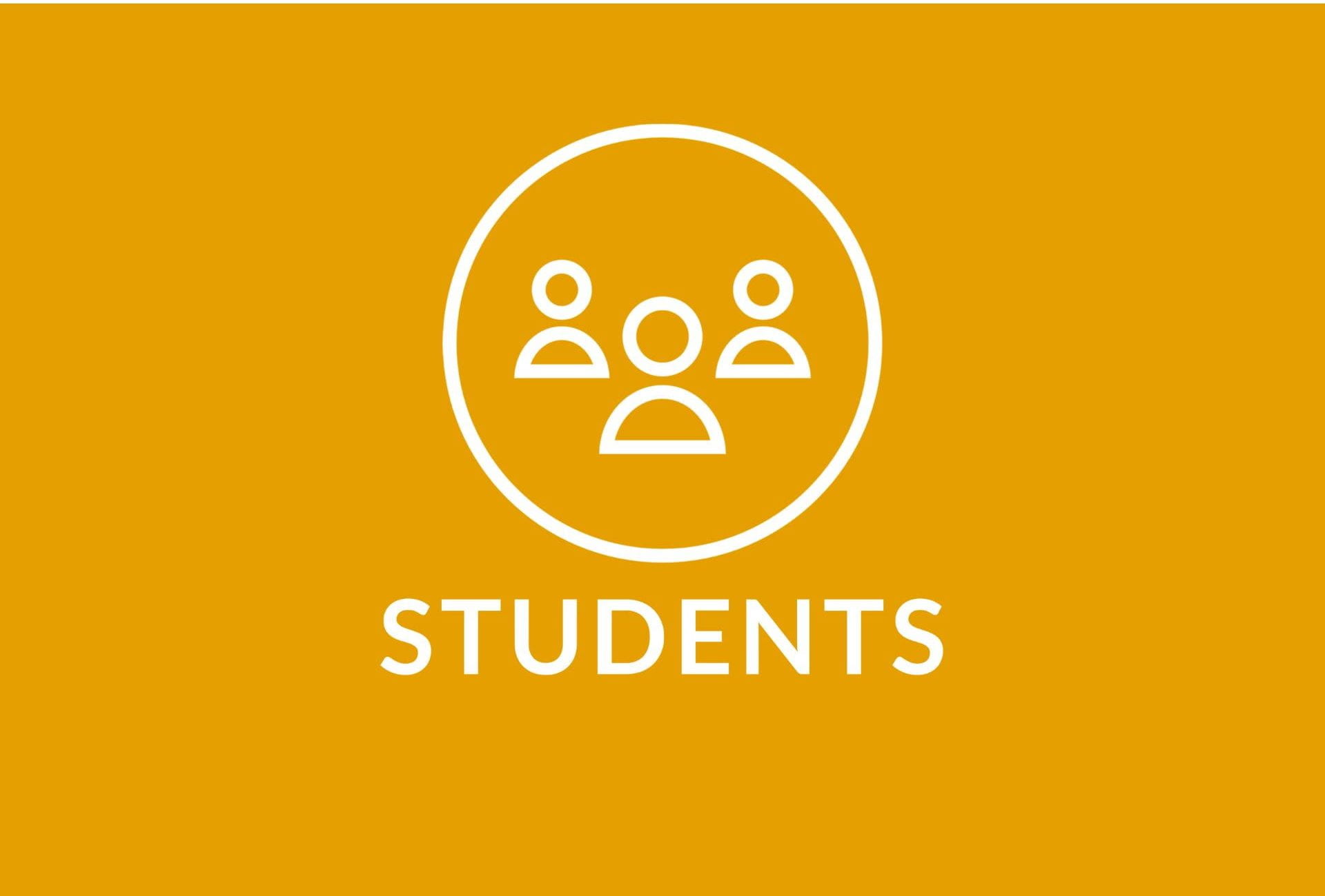 Orange rectangle with the word Students and an icon of a circle with three students in it