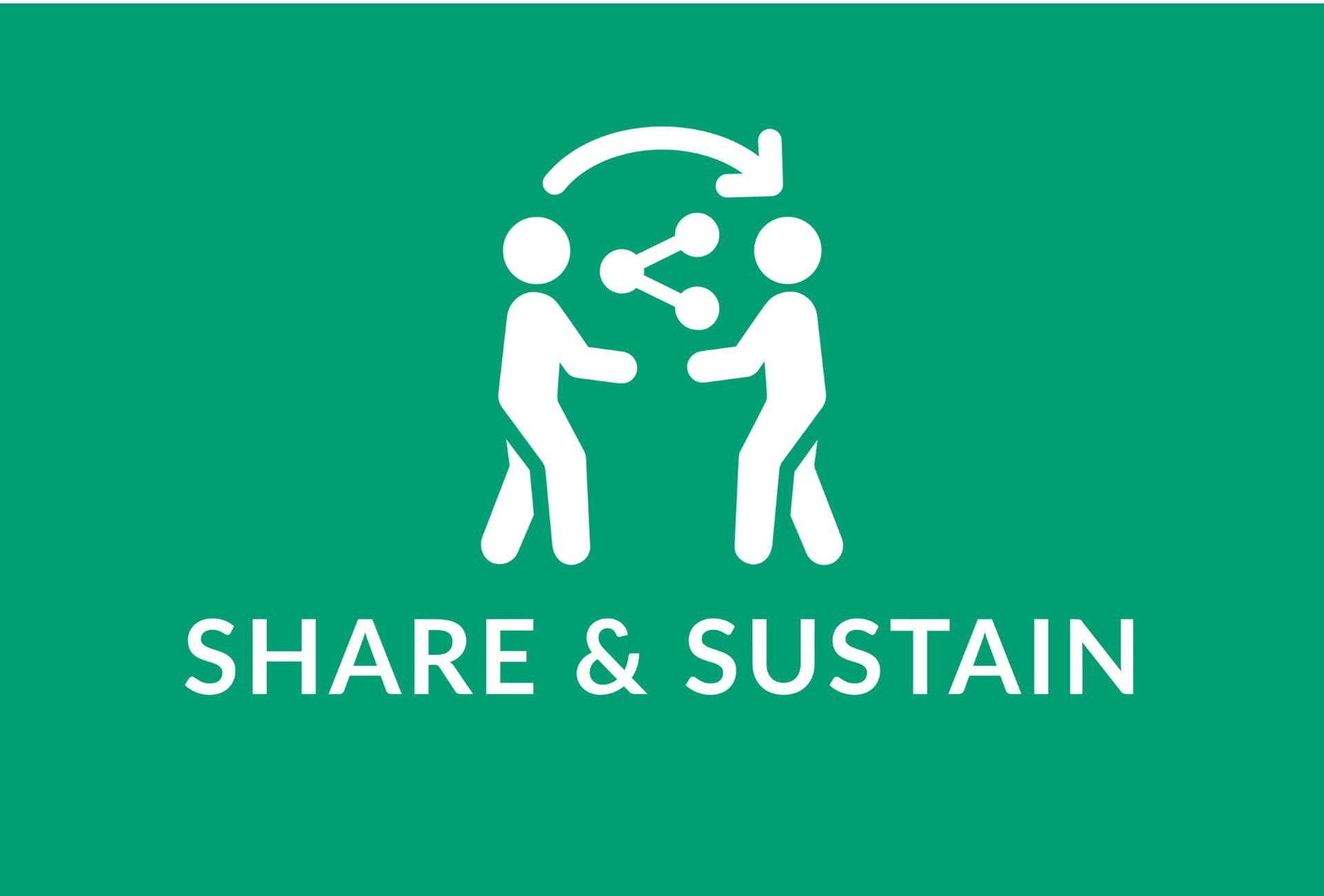 Green rectangle with the words Share and Sustain and an icon of two people facing each other. The Share symbol is between them and there is an arrow over their heads pointing from the person on the left to the person on the right.